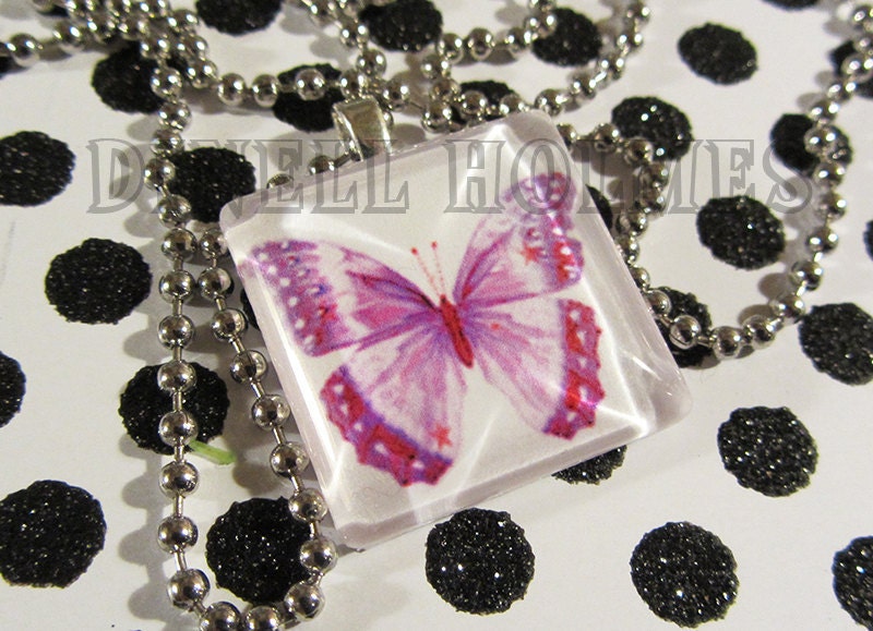 Magenta Butterfly Glass Tile Pendant Handmade Jewelry Spring Easter