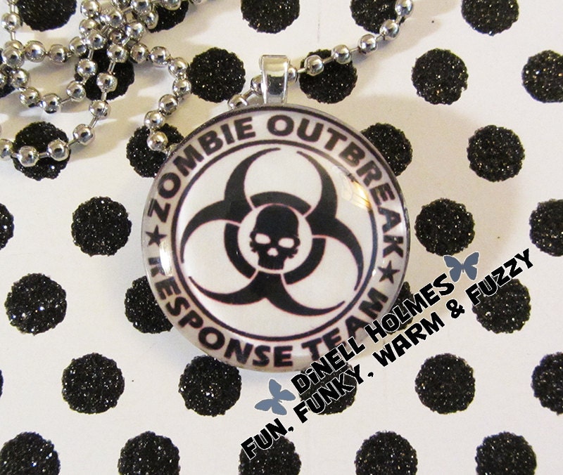CLEARANCE SALE Zombie Outbreak Response Team Glass Tile Pendant Halloween Monsters Humor Funny Jewelry