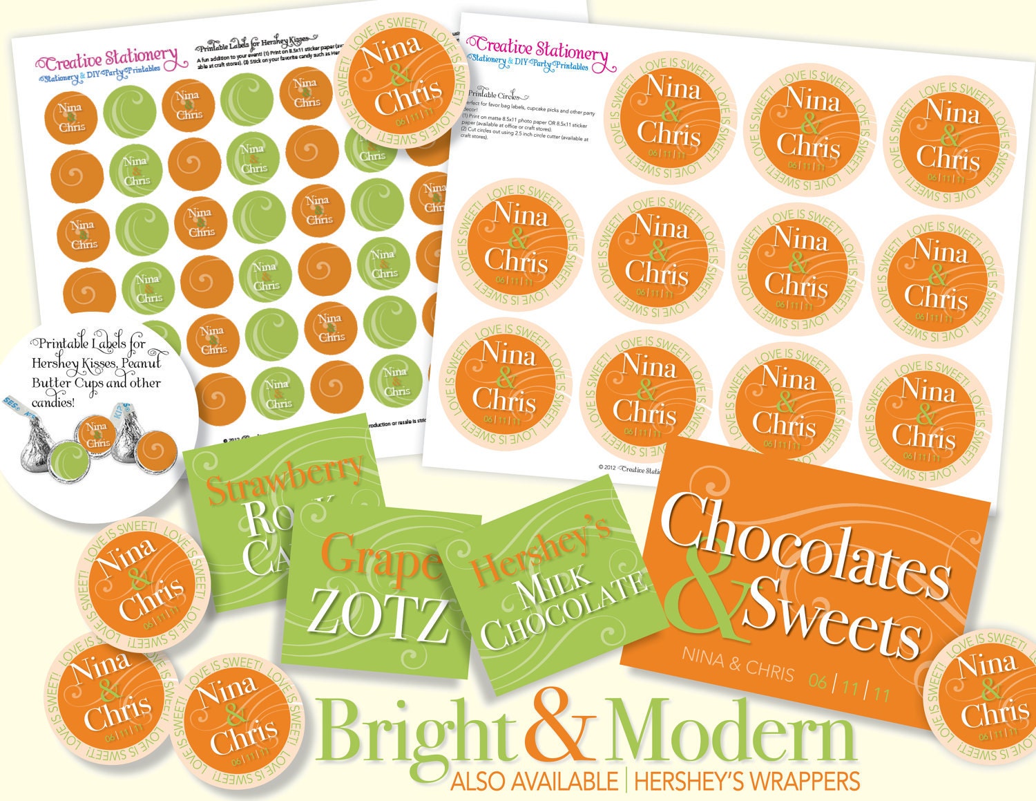 Orange and Green Candy or Dessert Buffet Package. Bright and Modern. Customized for you. Great for Wedding Receptions and Bridal Showers.