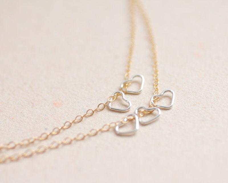 Tiny sterling silver hearts layered gold filled chain necklace - dainty modern jewelry - valentine's day jewelry