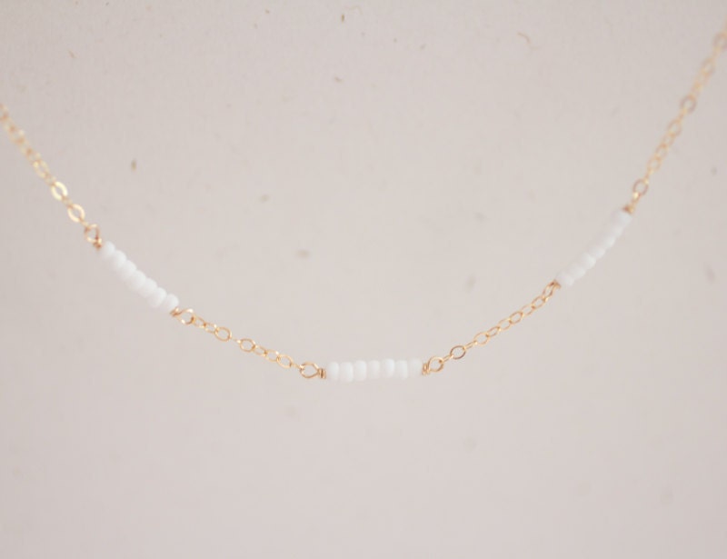 Modern Dash - tiny white beaded bars link gold filled necklace - sleek simple jewelry