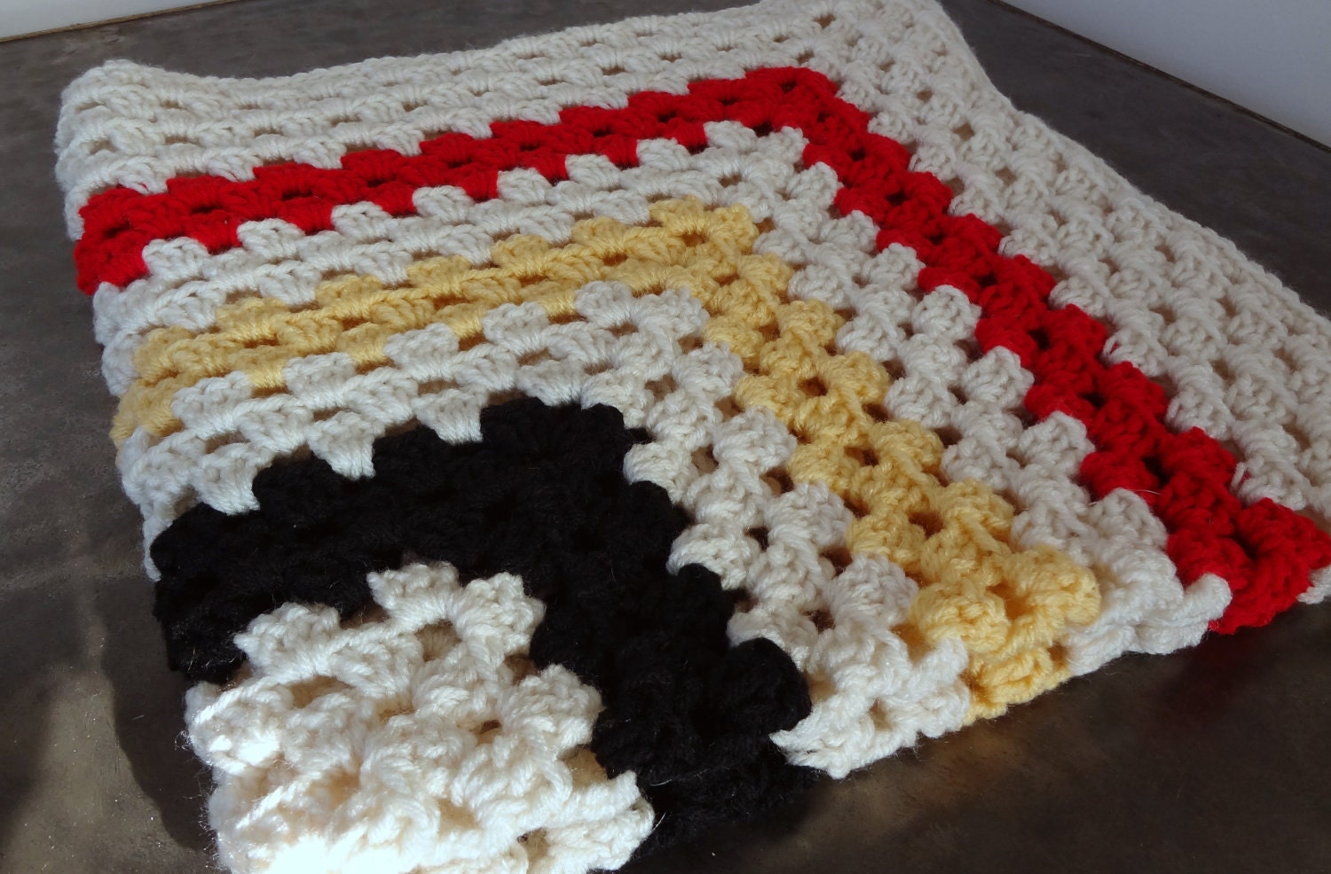 Crochet Granny Square Baby Blanket Afghan, Cornmeal yellow, Cherry Red, deep black and Cream Made to order - veranellies Crochet Granny Square Baby Blanket Afghan, Cornmeal yellow, Cherry Red, deep black and Cream Made to order - veranellies