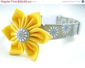 SALE Dog Collar Flower Set: Yellow and Gray Swirls Fabric Dog Collar with Flower