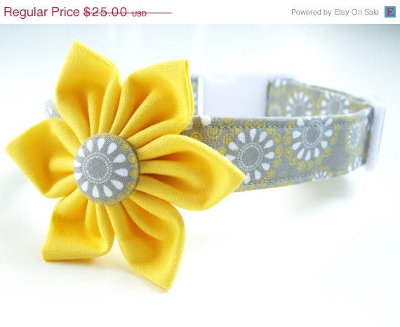 SALE Dog Collar Flower Set: Yellow and Gray Swirls Fabric Dog Collar with Flower