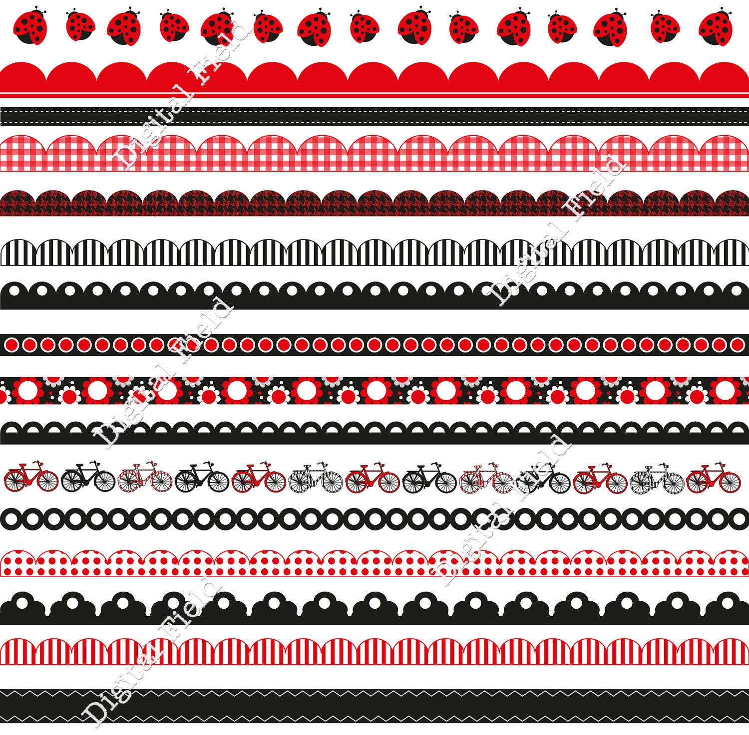 INSTANT DOWNLOAD Black White Red Borders and Ribbons Clip Art Set - printable digital clipart