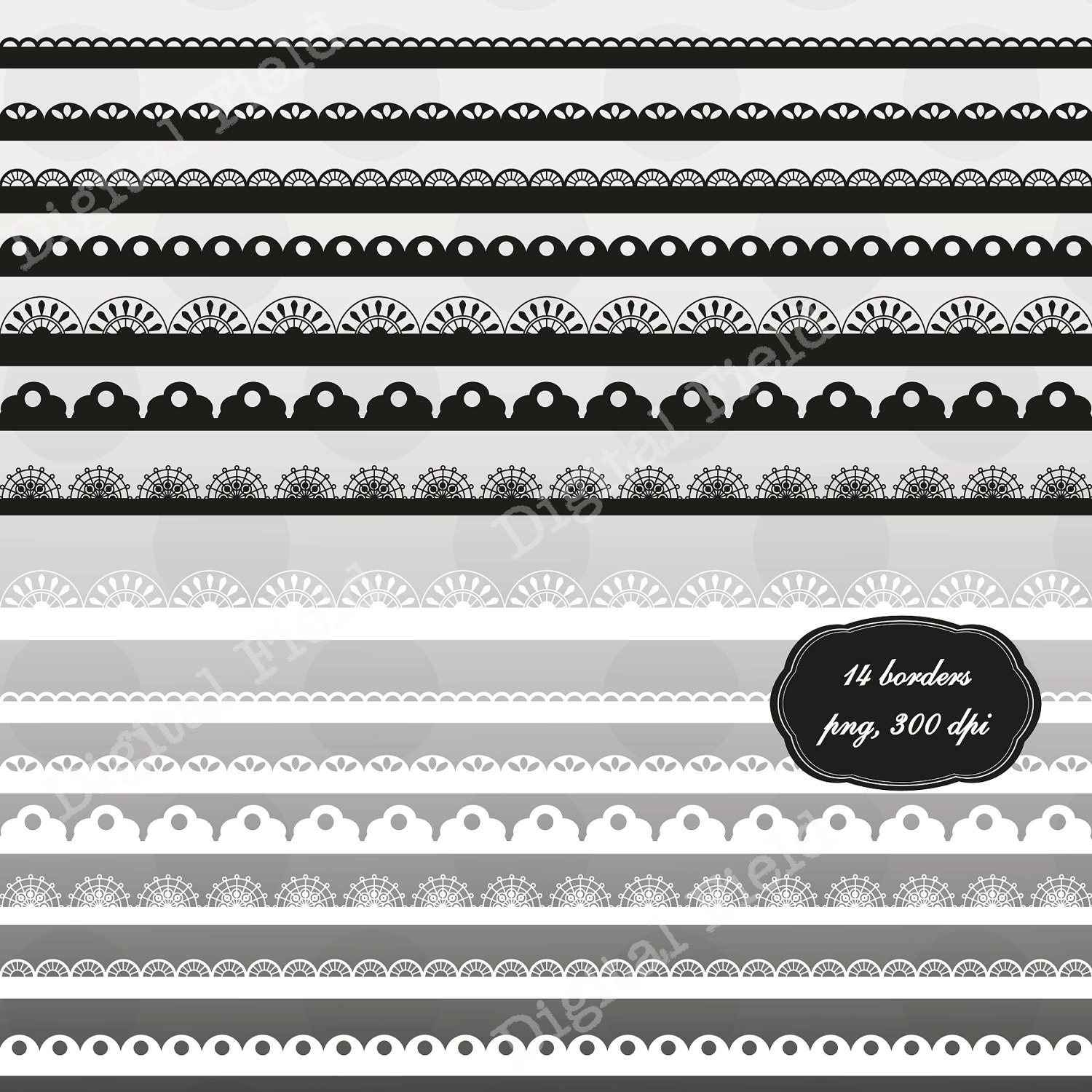 INSTANT DOWNLOAD Black and White Digital Scalloped and Lace Borders Clip Art Set - printable clipart borders