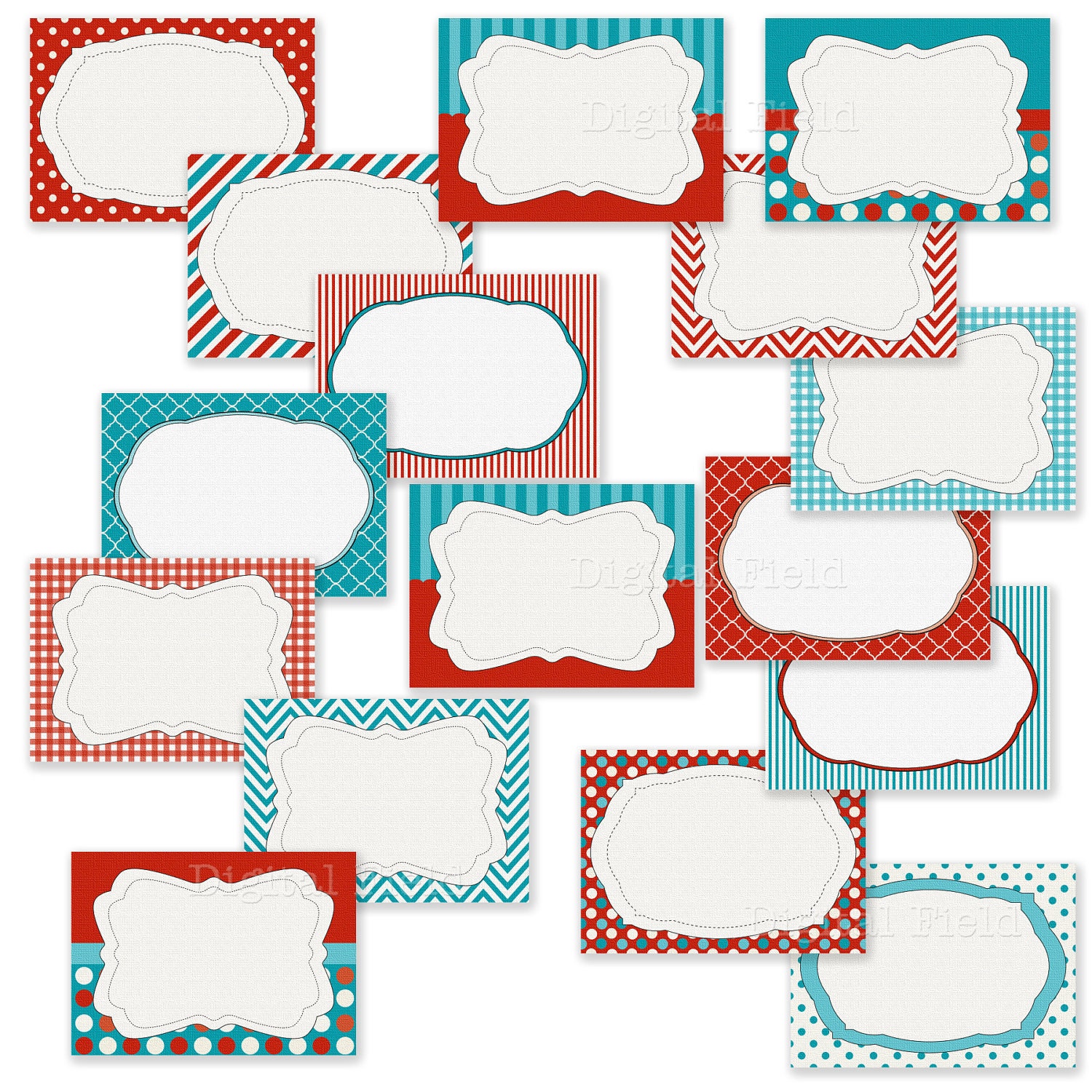 Teal and red digital journal cards, tags or labels clip art set - Personal and small commercial use