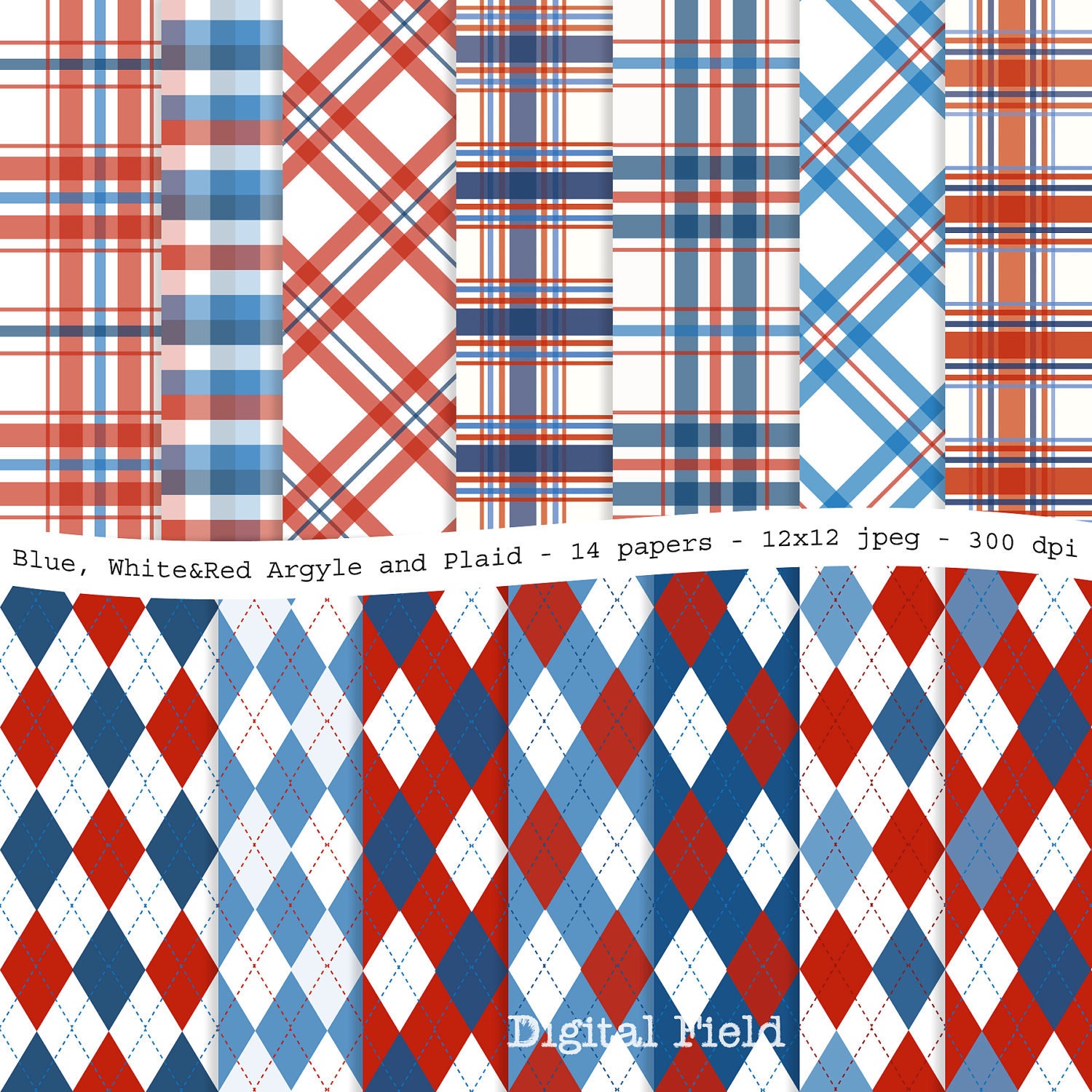 INSTANT DOWNLOAD Blue, White&Red Argyle and Plaid digital scrapbooking paper pack - 14 printable jpeg papers, 12x12, 300 dpi