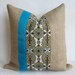 Burlap and Decorative Fabric with Turquoise Grosgrain Ribbon Pillow Cover