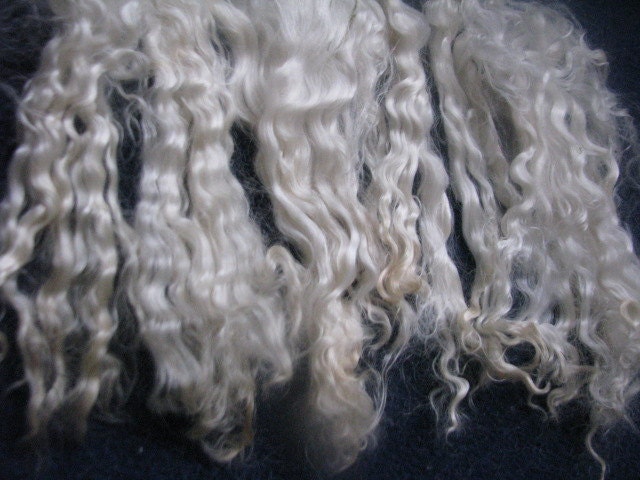 kid mohair doll hair, pinning fibers, BC, Canada,,, rare fibers, natural, tail spinning locks,natura, platinum, white,