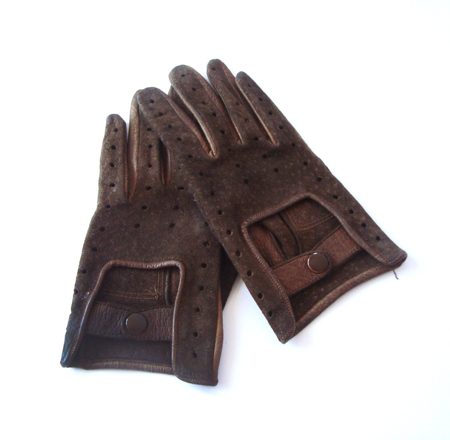 Brown Leather and Suede Biker Gloves - size XS - amazing perforated brown leather women gloves