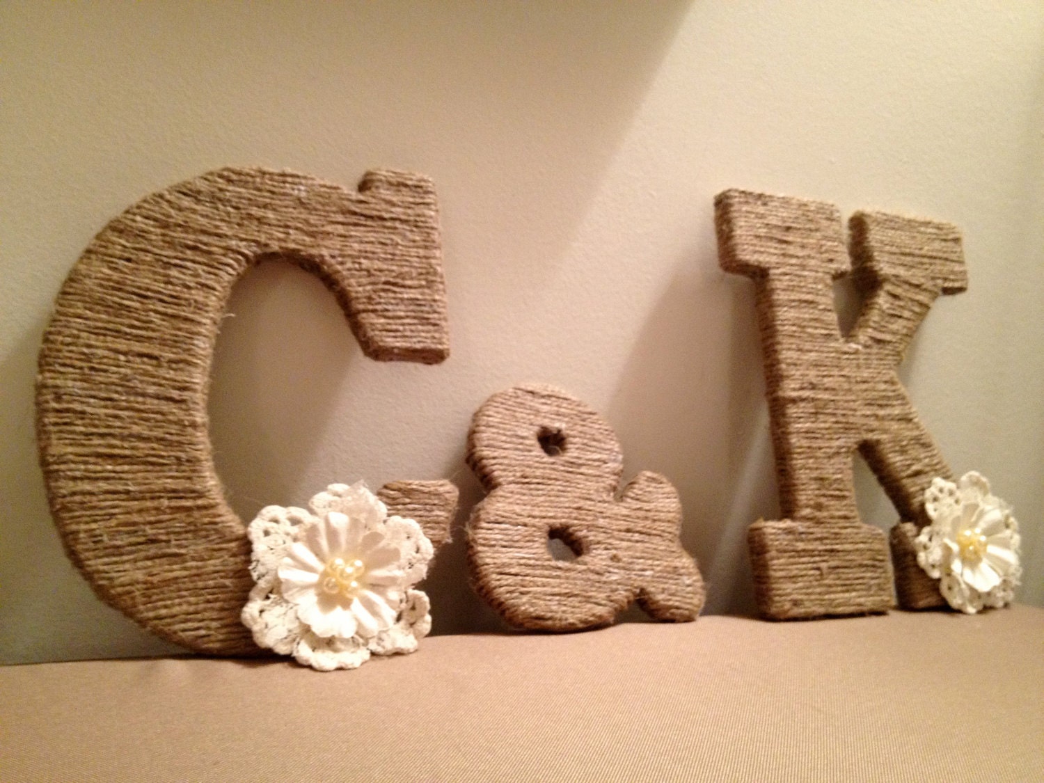 Twine Wrapped Rustic Wooden Letters with Crochet Lace Pearl Flower (25.00 per Letter)