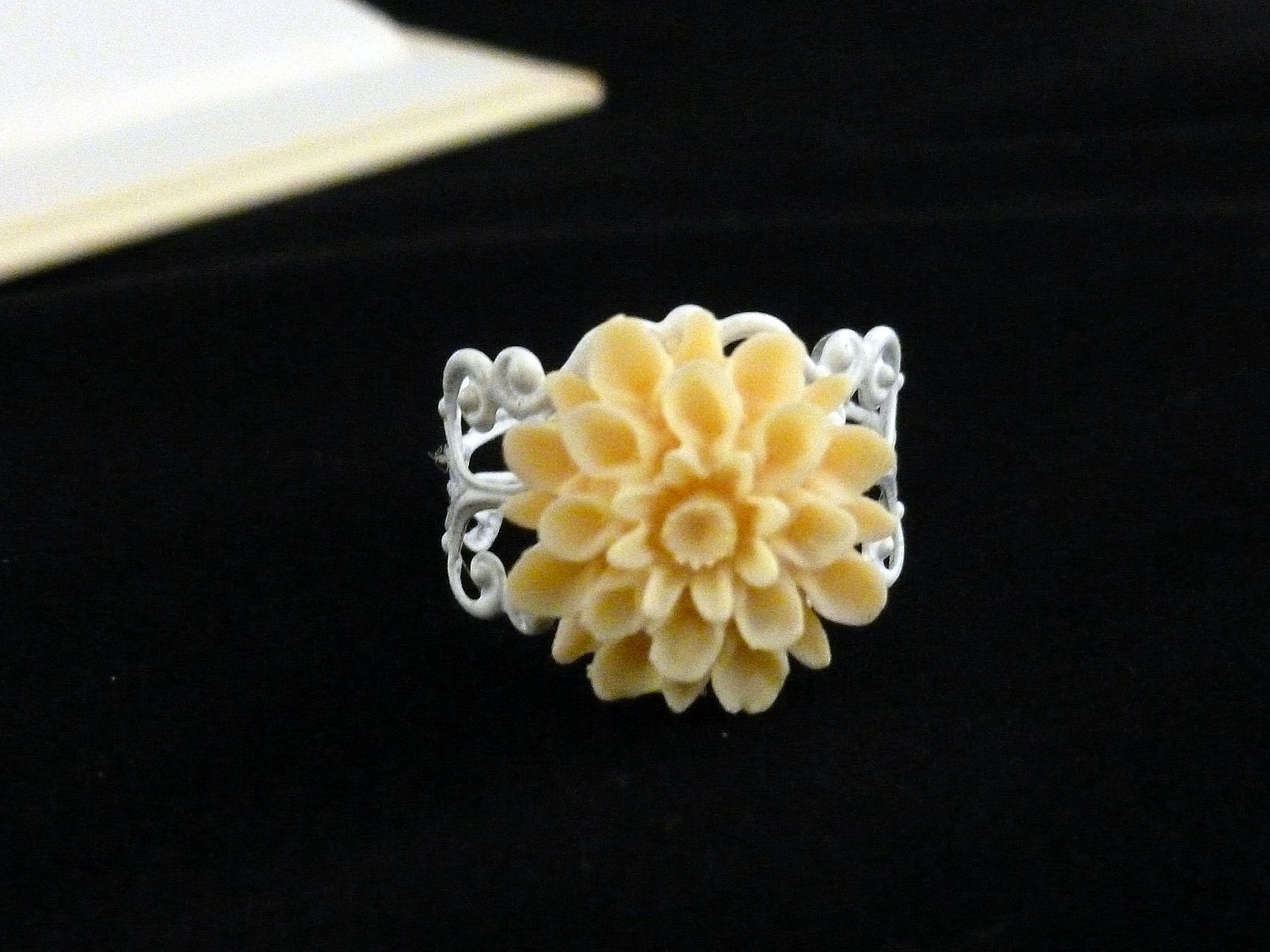 Peach Dahlia Ring, Creamy Peach Dahlia Flower on a White Adjustable Filigree Ring