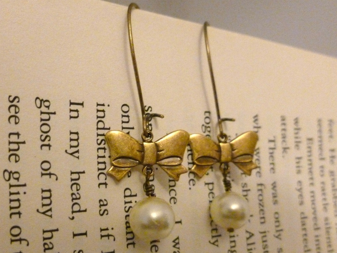 Bow and Glass Pearl Earrings, Antique Brass Bow Charm with Glass Pearl Earrings