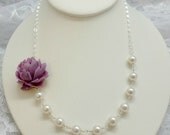 Purple Rose Flower with Swarovski Pearls, Asymmetrical Necklace White Swarovski Peals Sterling Silver