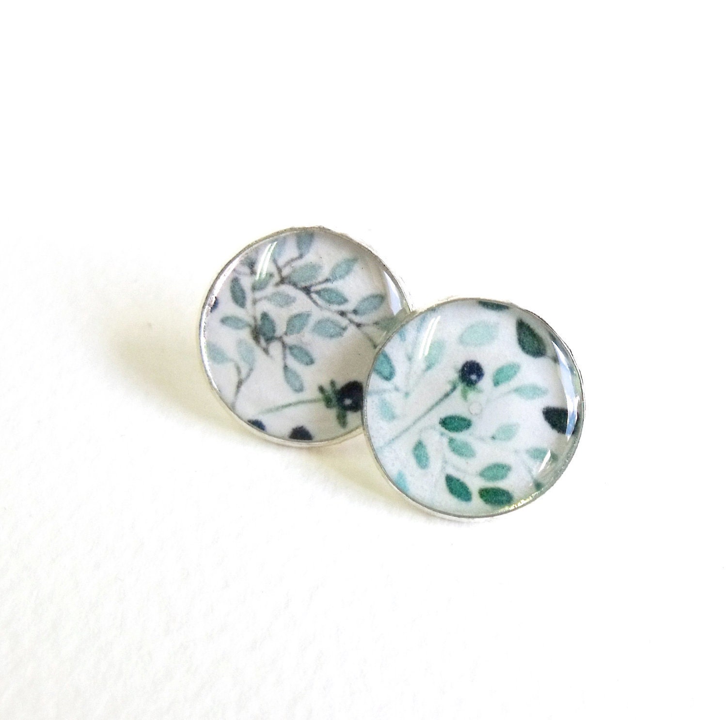 Silver plated mint green and white botanical earrring studs botanical ear post