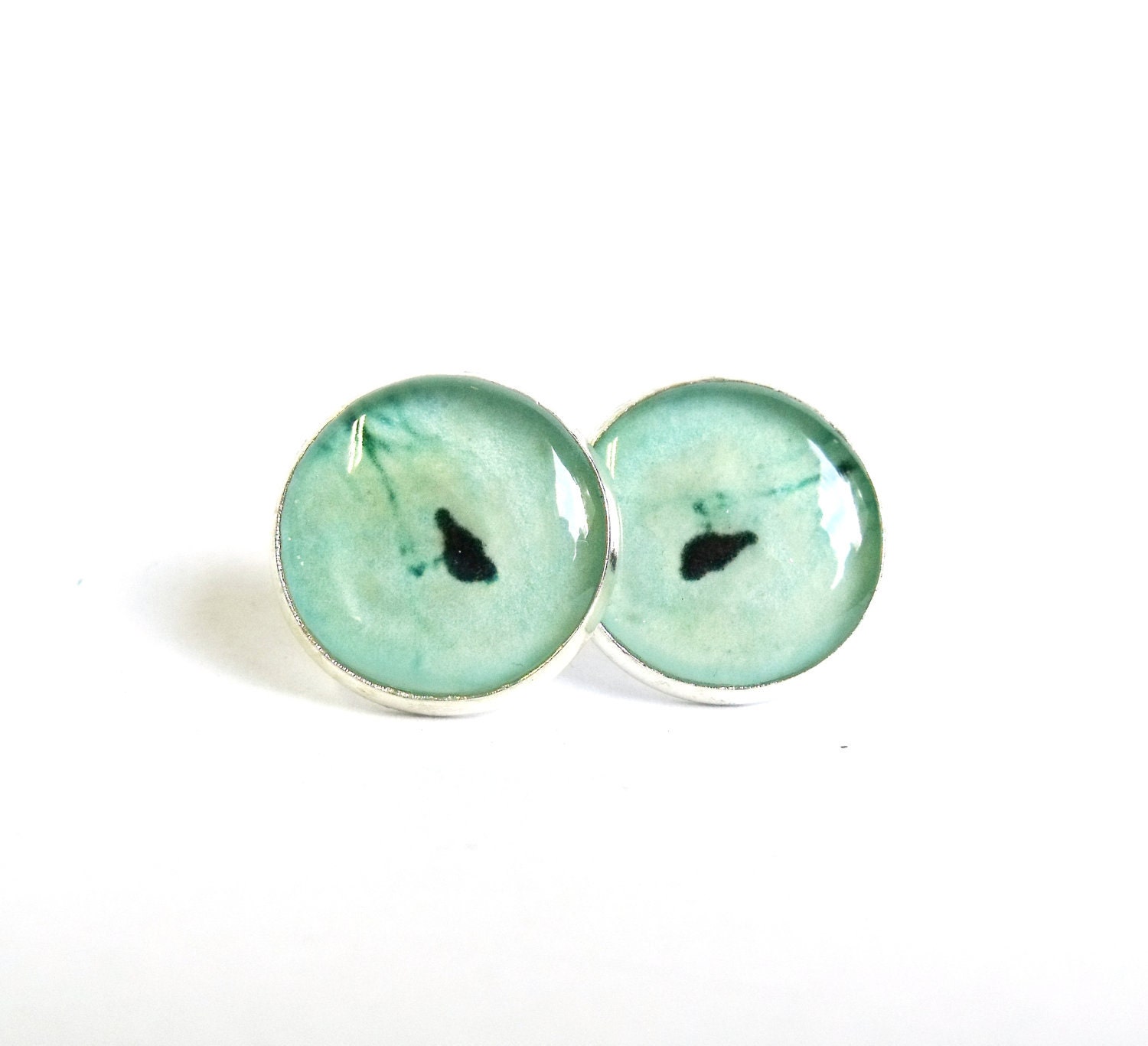 Silver plated mint green birds earring studs ear post - tiny stud earrings