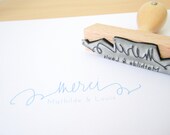 Personalized Wedding Calligraphy Merci Stamp - 3" custom rubber stamp with names and date for DIY wedding thank you notes and favors