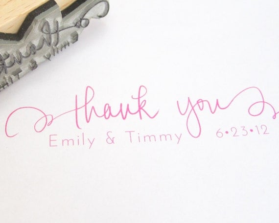 Personalized Wedding Calligraphy Thank You Stamp - 3" custom rubber stamp with names and date for DIY wedding thank you notes and favors