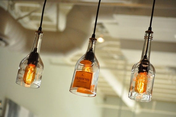 Recycled glass bottle hanging gin lamp pendant with Edison Lightbulb