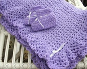 Purple Baby Blanket Pale Lilac Infant Booties Shower Gift  3 - 6 Months   Boy Girl Newborn  Crochet Pastel Lavender Afghan Set - BundleOfJoyShop