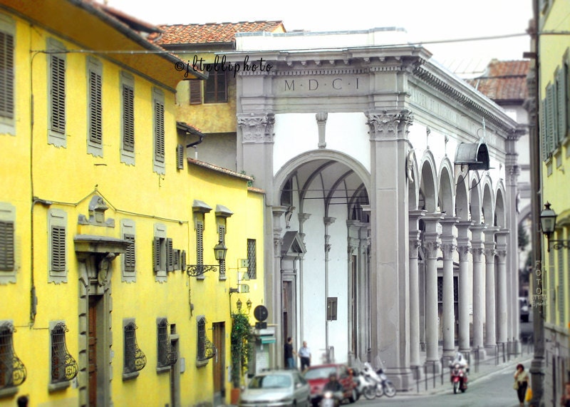 Yellow Buildings at Basilica della Santissima Annunziata - Florence, Tuscany, Italy - Architecture Urban Street Travel Photography Print 5x7