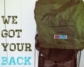 we got your back - vintage frame backpack, hiking, hunter green, camping