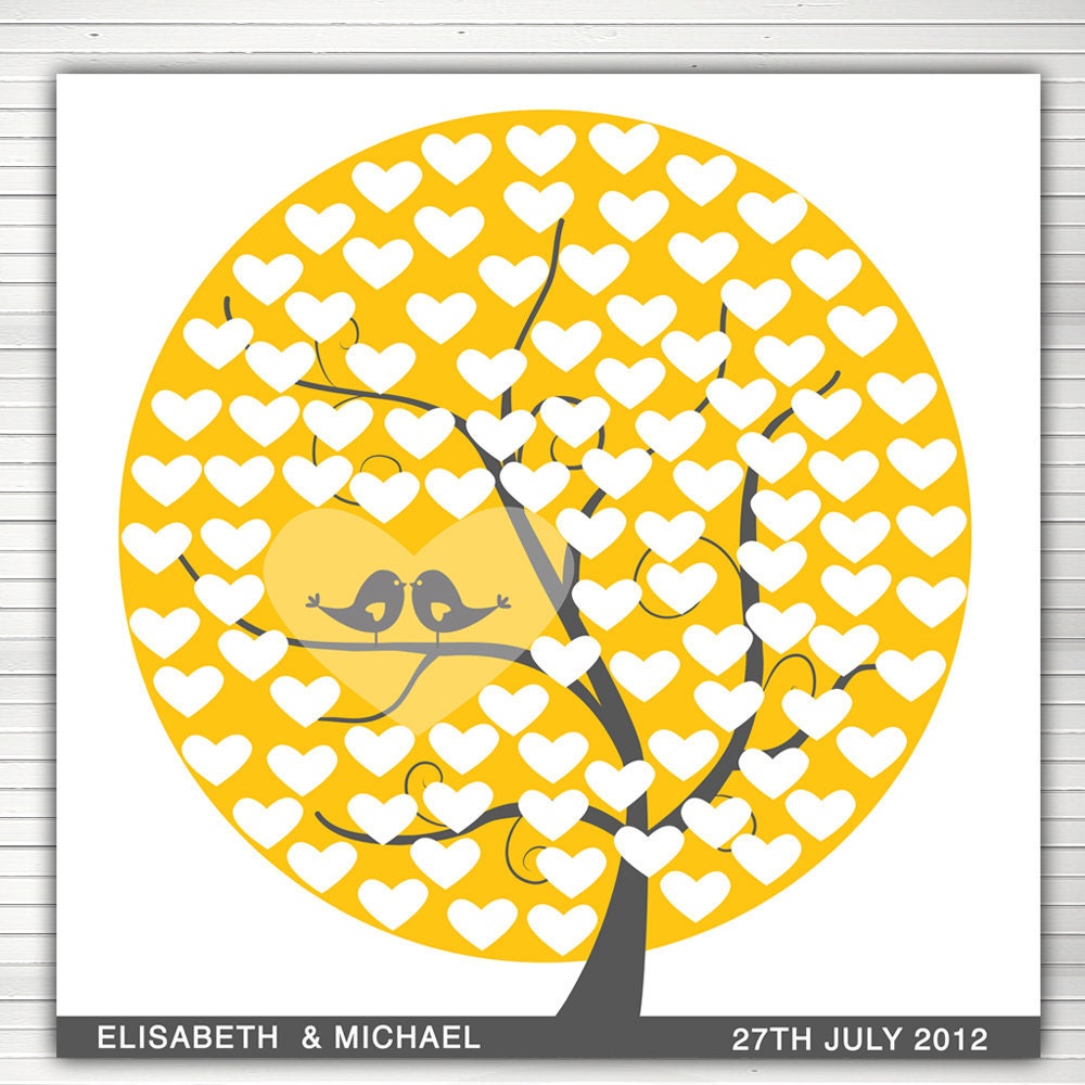 DIY printable wedding alternative guest book 100 signatures. Yellow tree with birds and hearts. - redlinecs