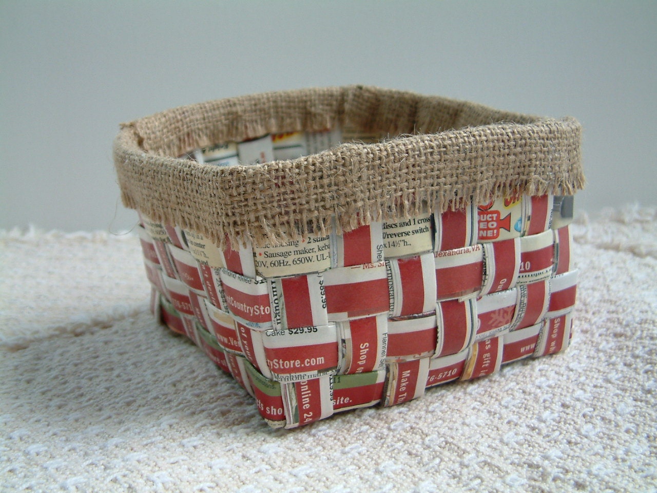 Unique handwoven paper basket with jute trimming