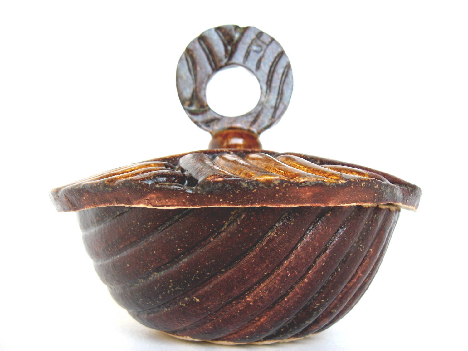 Ceramic Jar, small lidded stoneware pottery bowl dish in dark reddish and golden brown