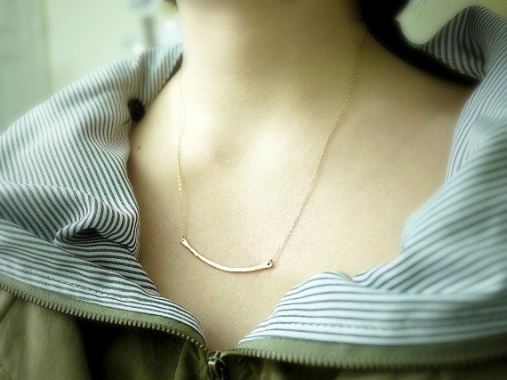 Gold bar necklace- hammered brass wire on gold filled - simple everyday jewelry