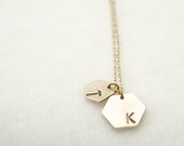 Hand stamped initial necklace - hexagon personalized on gold filled - geometric simple jewelry
