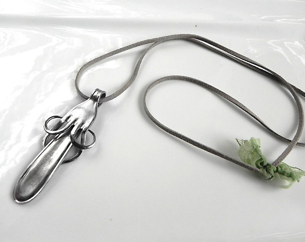 Stainless steel fork pendant on grey suede cord