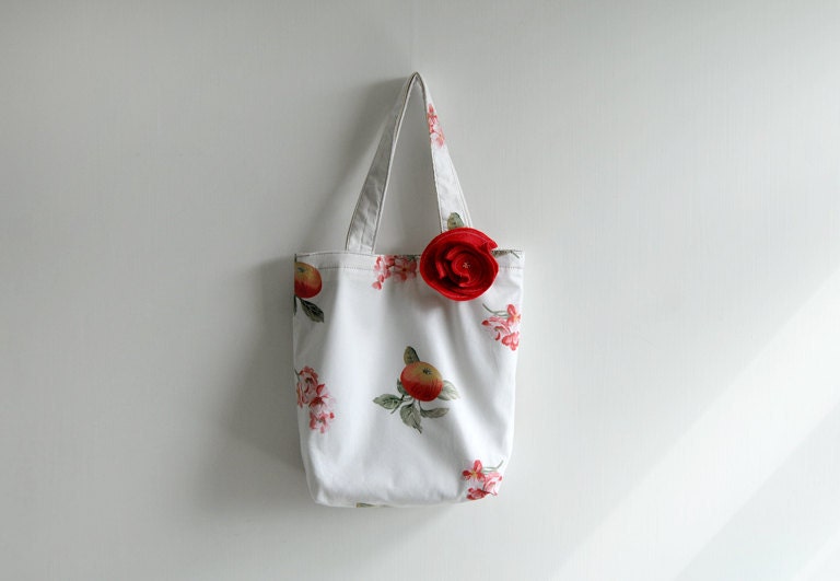 ON SALE - Juicy Fruit tote bag, white bag with red flower pattern