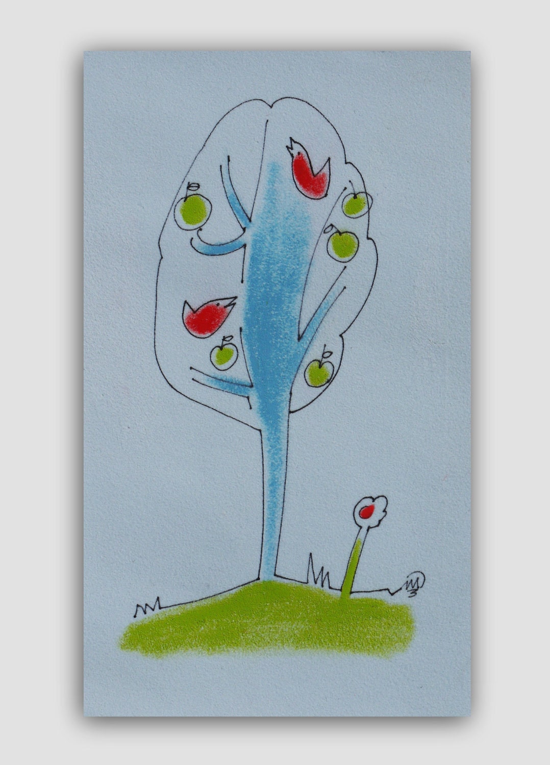 Abstract TREE Drawing - Nursery Decor, BIRDS painting - Original Ink pastel Drawing - kids room art, Cute HAPPY art