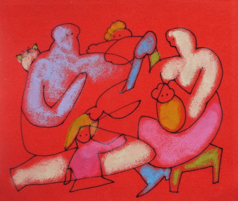 Red MINIATURE Ink Oil Pastel Drawing - Abstract FIGURES - ORIGINAL Colorful art - Fine Art Illustration - mom dad kids cat