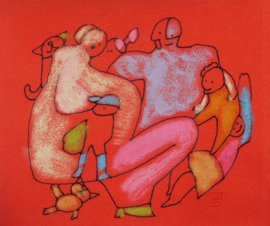 Vibrant Red Drawing - MINIATURE Oil Pastel  - Abstract FIGURES - ORIGINAL cat dog drawing - Colorful art - Kids Illustration - family