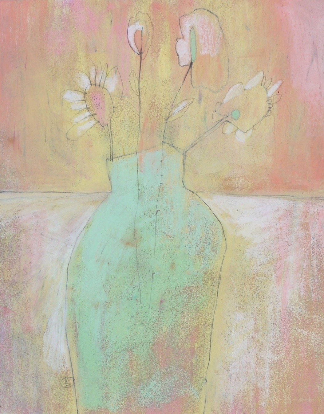 FRAMED PASTEL Painting, Floral ART, Original Painting, Flowers in a mint green vase, pink peach art