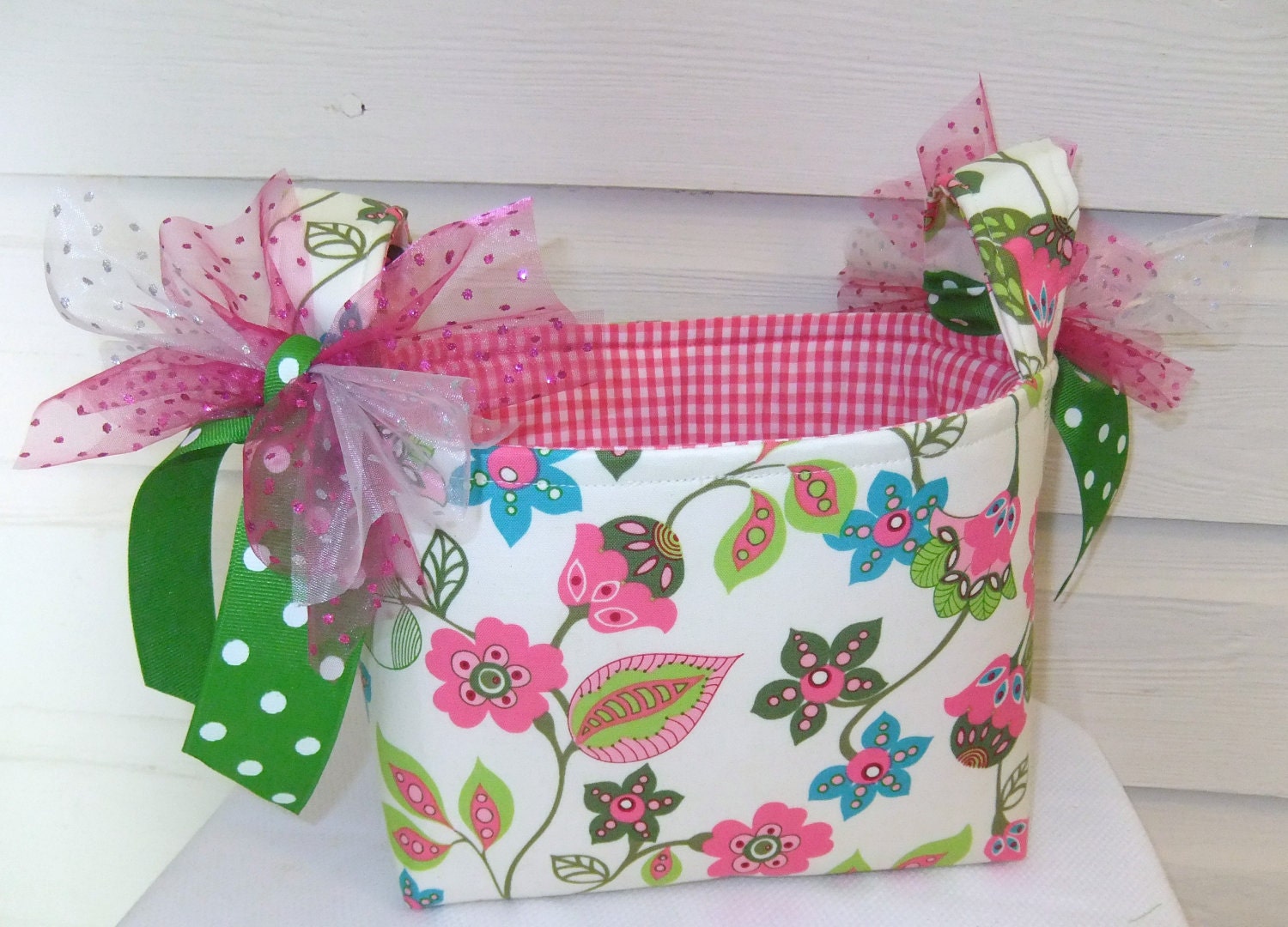 Pretty Flower and Pink Gingham Fabric Basket/Organizer Bin