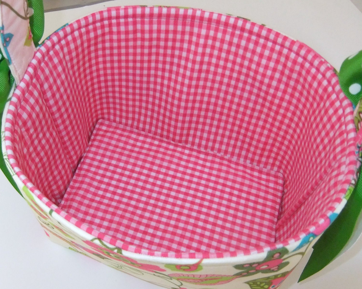 Pretty Flower and Pink Gingham Fabric Basket/Organizer Bin