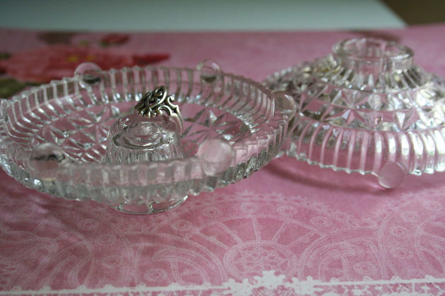 Set of Two Beautiful, Vintage Clear, Cut Glass Candle Stick Holders 1940s, 1950s, Wedding Bridal Gift