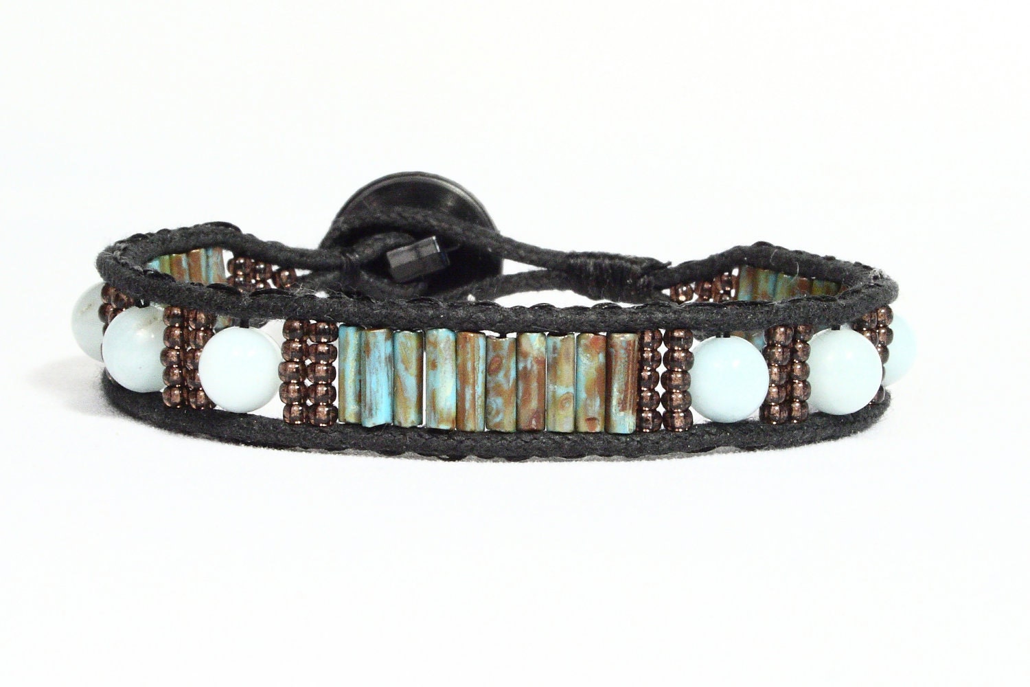Single wrap cuff bracelet.  Amazonite gemstones, turquoise Czech bugles, copper seed beads.  Black button.  Hipster.