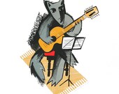 Wolf playing guitar / screenprint