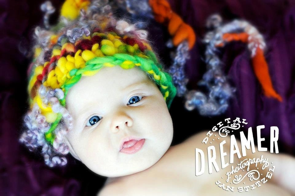 Hand Knit Baby Stocking Cap in Yellow, Green, Orange, Maroon, and Pink with Purple Lashes , handspun, hand dyed yarns,  3 - 6 months