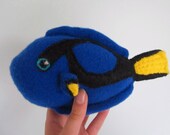 Eric the Blue Surgeonfish Plushie - made from a cobalt felted wool sweater and black, yellow and teal felt