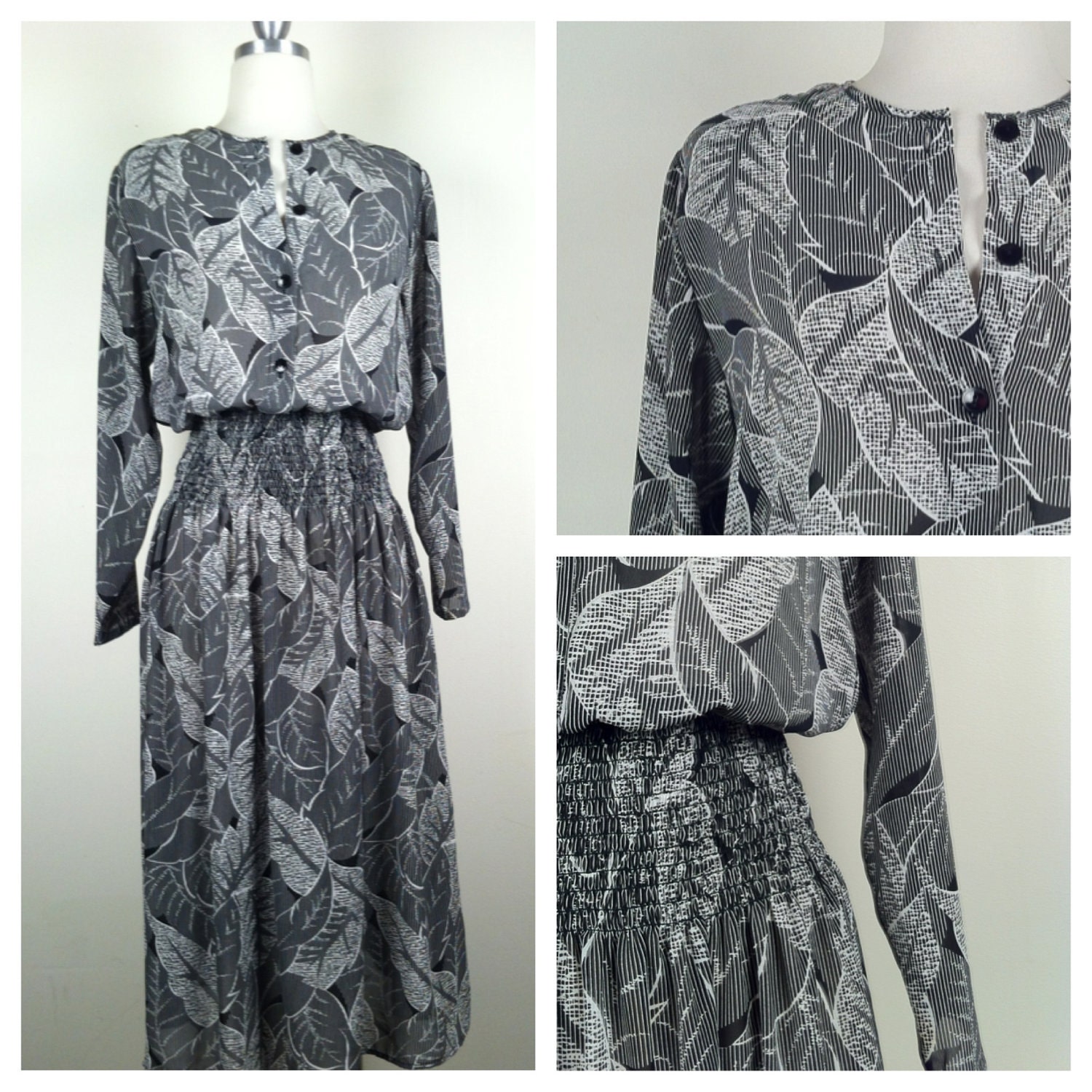 Vintage Sheer Leaf Print Dress with Smocked Waistline by St Michael made in the UK