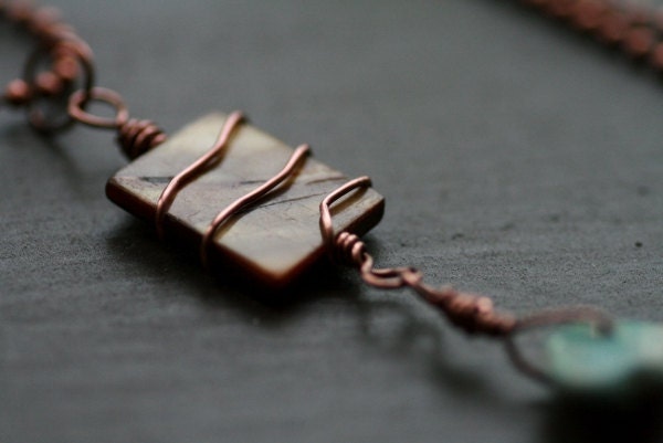 Antique Copper Ball Chain Necklace (A) with Mother of Pearl and Jasper Pendant