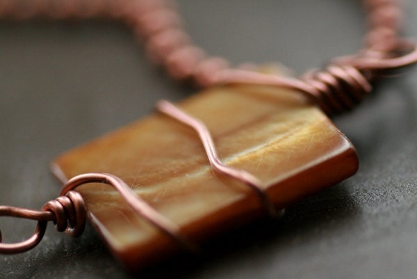 Antique Copper Ball Chain Necklace (E) with Mother of Pearl and Jasper Pendant