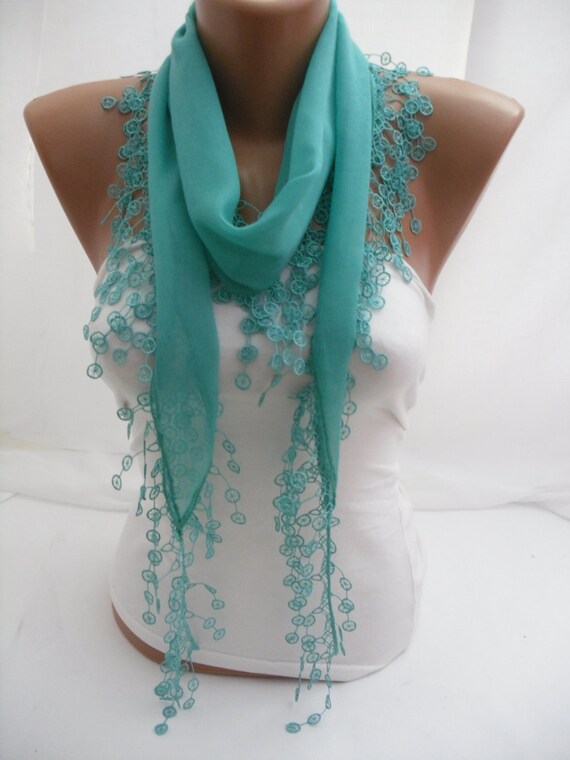 SpringGreen Cotton Shawl/  Scarf -Headband - Cowl with Lace Edge - Spring Summer Trends