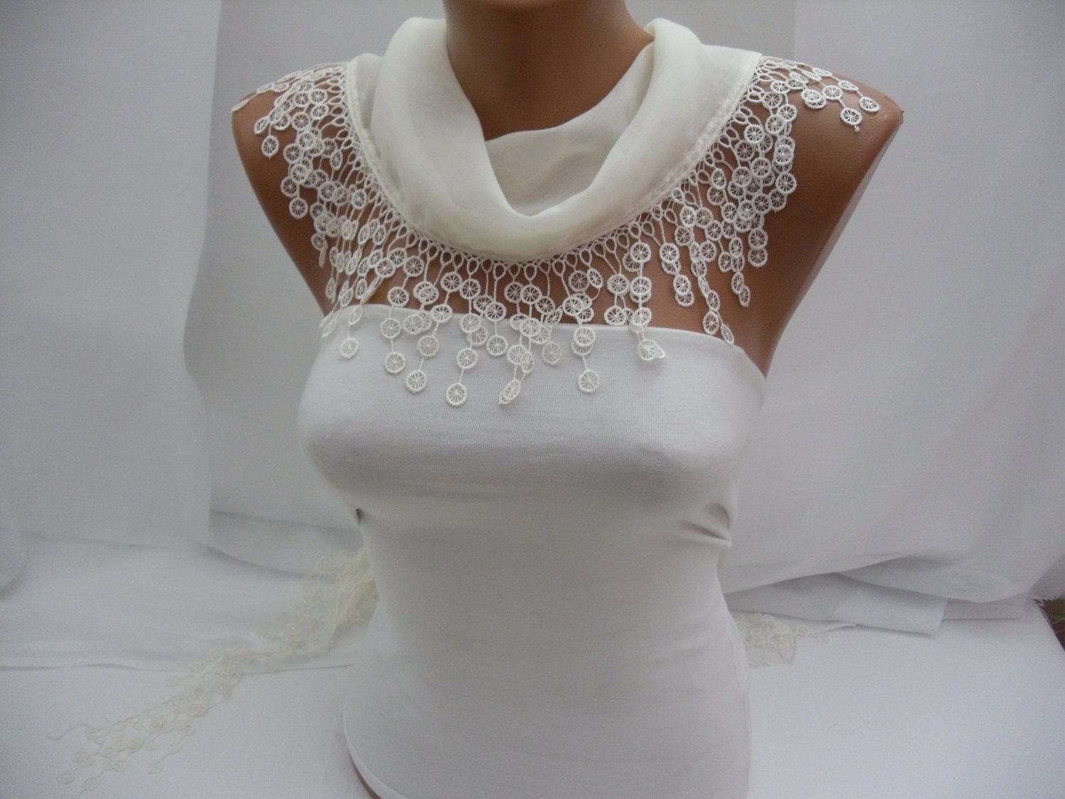 Creamy Cotton Scarf- Shawl Headband -Cowl with Lace Edge